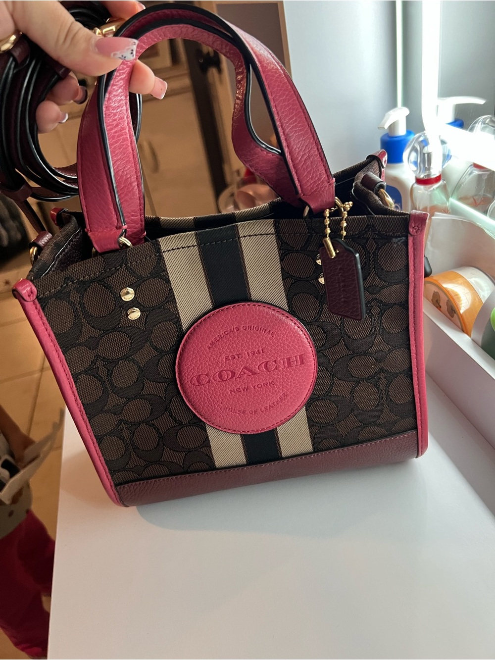Coach Brown Signature Satchel with Pink Trim and Stripe Detail